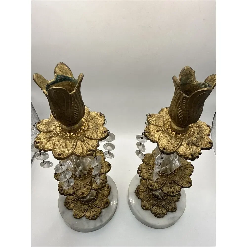Set 2 Vtg Hollywood Regency Crystal Brass Marble 10”Candlesticks With Crystals *